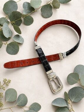 Brighton Two-Tone Croc-Embossed Leather Belt - Black & Brown Size 34
